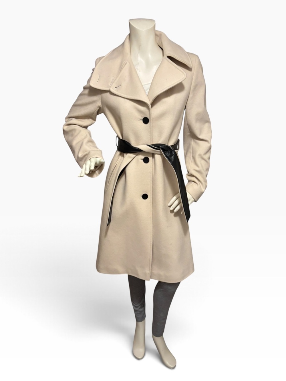 DKNY Wool-Cashmere Blend Cream Women’s Trench Coat w Black Leather Belt, 6